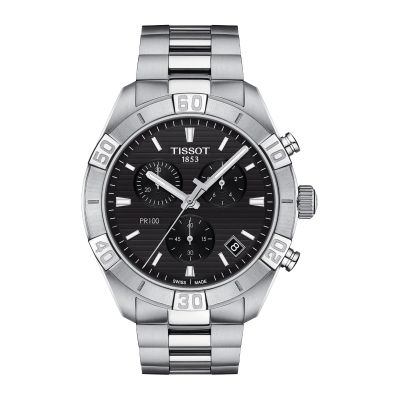 Tissot PR100 Sport Gent Chrono / orologio uomo / cronografo / quadrante nero / cassa e bracciale acciaio