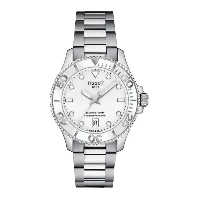 Tissot Seastar 1000 Quartz / orologio unisex / quadrante bianco / cassa e bracciale acciaio con cinturino pelle bianco