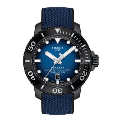 Tissot Seastar 2000 Professional Powermatic 80 / orologio uomo / quadrante blu sfumato / cassa acciaio e PVD nero / cinturino gomma nero e tessuto blu