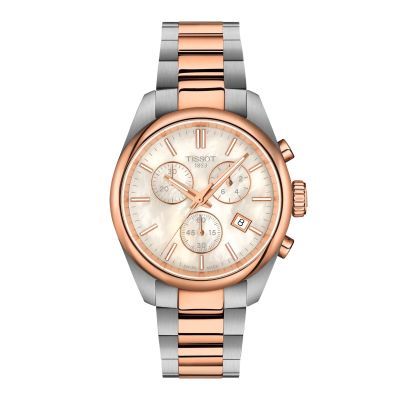 Tissot PR100 Chronograph Lady / orologio donna / quadrante madreperla bianca / cassa e bracciale acciaio e PVD rosato