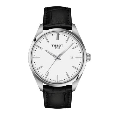 Tissot PR100 / orologio uomo / quadrante bianco / cassa acciaio / cinturino pelle nera