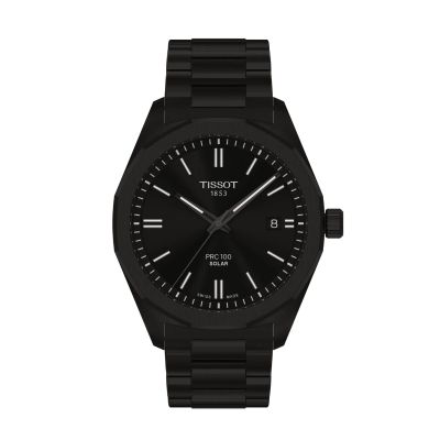 Tissot PRC 100 Solar Quartz / orologio uomo / quadrante nero / cassa e bracciale acciaio PVD nero