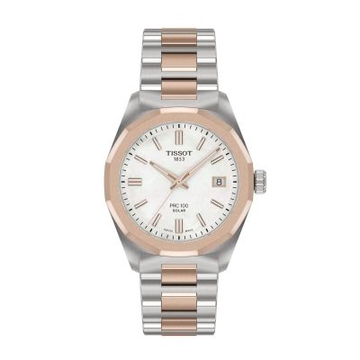 Tissot PRC 100 Solar Quartz / orologio donna / quadrante madreperla bianco / cassa e bracciale acciaio e PVD rosato