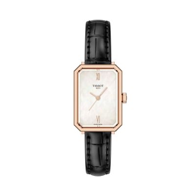 Tissot SRV / orologio donna / quadrante rettangolare madreperla bianco / cassa acciaio PVD rosato / cinturino pelle nero