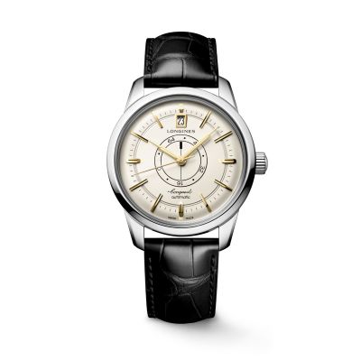 Longines Conquest Heritage Central Power Reserve - 38 mm / orologio uomo / quadrante champagne / cassa acciaio / cinturino pelle nera