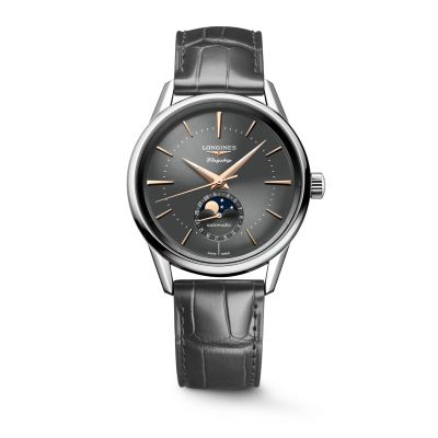 Longines Flagship Heritage Moonphase / orologio uomo / quadrante antracite / cassa acciaio / cinturino alligatore grigio