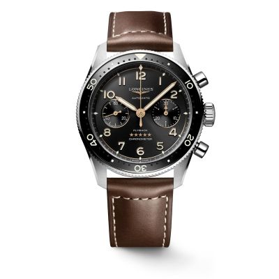 Longines Spirit Flyback / orologio uomo / quadrante nero "soleil" / cassa acciaio / cinturino pelle marrone
