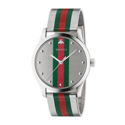Gucci G-Timeless / orologio uomo / quadrante grigio con motivo web / cassa e bracciale acciaio