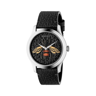 Gucci G-Timeless / orologio unisex / quadrante nero / cassa acciaio / cinturino pelle nera