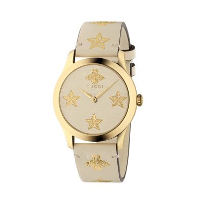 Gucci G-Timeless / orologio unisex / quadrante bianco / cassa acciaio e PVD dorato / cinturino pelle bianca