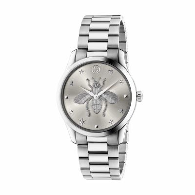 Gucci G-Timeless / orologio uomo / quadrante argentato con ape / cassa e bracciale acciaio