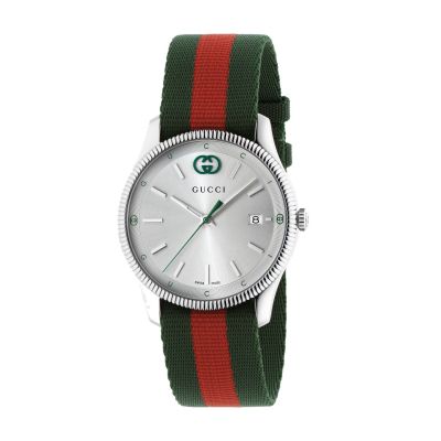 Gucci G-Timeless / orologio unisex / quadrante argentato / cassa acciaio / cinturino nylon verde e rosso