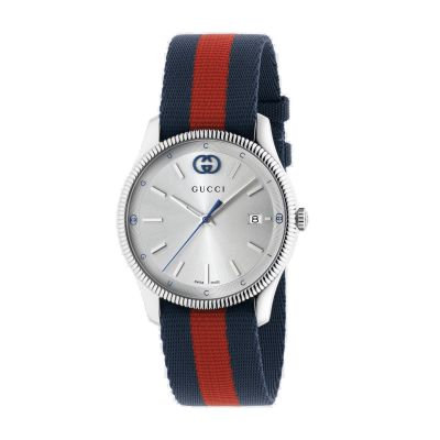 Gucci G-Timeless / orologio unisex / quadrante argentato / cassa acciaio / cinturino nylon blu e rosso