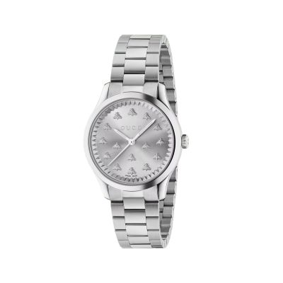 Gucci G-Timeless / orologio donna / quadrante argentato con api / cassa e bracciale acciaio
