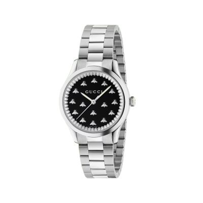 Gucci G-Timeless / orologio donna / quadrante nero con api / cassa e bracciale acciaio