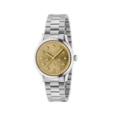 Gucci G-Timeless / orologio donna / quadrante dorato con api finitura "soleil" / cassa e bracciale acciaio