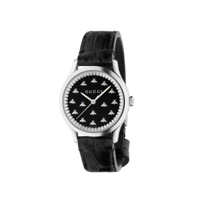 Gucci G-Timeless / orologio unisex / quadrante nero con api / cassa acciaio / cinturino pelle nera