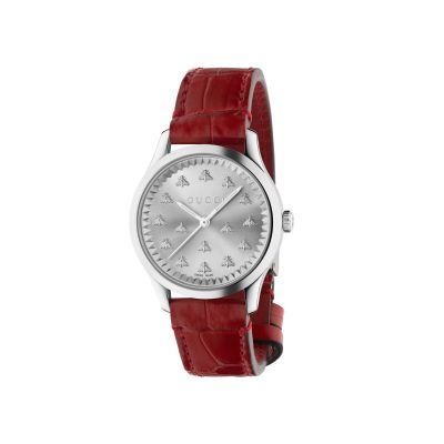 Gucci G-Timeless / orologio unisex / quadrante argentato con api / cassa acciaio / cinturino pelle rossa