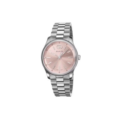 Gucci G-Timeless / orologio donna / quadrante rosa con due diamanti / cassa e bracciale acciaio