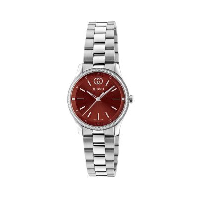 Gucci G-Timeless / orologio donna / quadrante bordeaux / cassa e bracciale acciaio