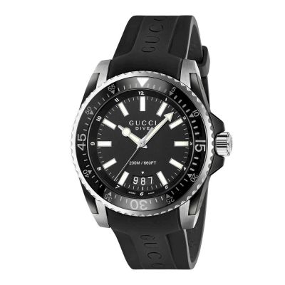Gucci Dive / orologio uomo / quadrante nero opaco / cassa acciaio e PVD nero / cinturino caucciù nero