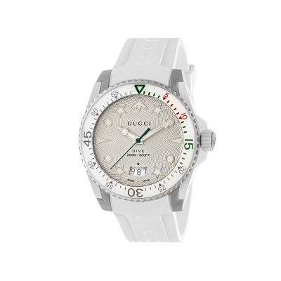 Gucci Dive / orologio uomo / quadrante argentato / cassa acciaio / cinturino caucciù bianco