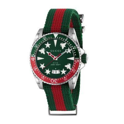 Gucci Dive / orologio unisex / quadrante verde / cassa acciaio / cinturino nylon motivo web verde e rosso