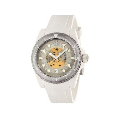 Gucci Dive / orologio unisex / quadrante bianco scheletrato / cassa acciaio / cinturino caucciù bianco