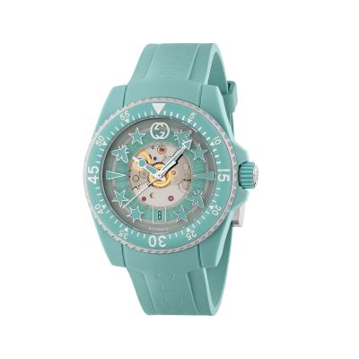 Gucci Dive / orologio unisex / quadrante verde acqua scheletrato / cassa acciaio / cinturino caucciù verde acqua