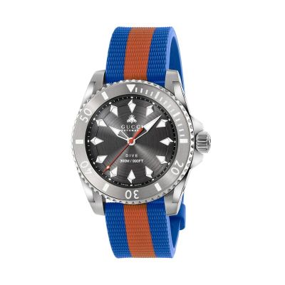 Gucci Dive / orologio unisex / quadrante grigio scuro con ape / cassa acciaio / cinturino gomma web blu e marrone
