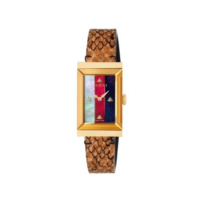 Gucci G-Frame / orologio donna / quadrante madreperla sylvie crema, rosso, blu / cassa acciaio e PVD giallo / cinturino pelle ayers