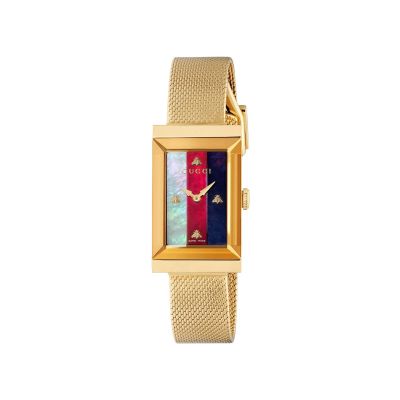 Gucci G-Frame / orologio donna / quadrante madreperla web sylvie crema, rosso, blu / cassa e bracciale acciaio e PVD dorato
