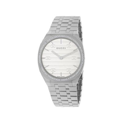 GUCCI 25H / orologio donna / quadrante argentato / cassa acciaio e diamanti / bracciale acciaio 