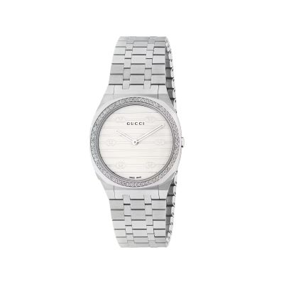Gucci 25H / orologio donna / quadrante bianco / cassa acciaio e diamanti / bracciale acciaio
