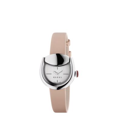 Gucci Horsebit / orologio donna / quadrante argentato / cassa acciaio / cinturino pelle rosa beige