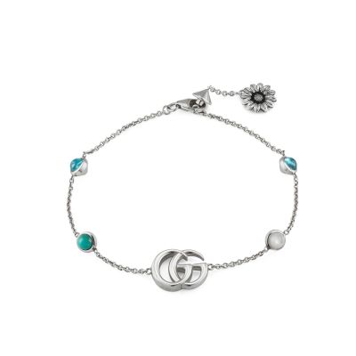 Gucci / GG Marmont / bracciale con fiore e Doppia G / argento, pietre in resina color turchese, topazi e madreperle