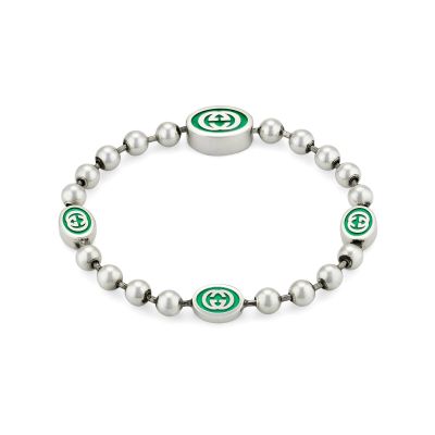 Gucci / Interlocking / bracciale G con catena boule / argento e smalto verde