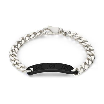 Gucci Tag / bracciale con targhetta GG / argento e pelle effetto gomma