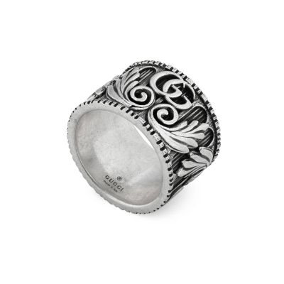 Gucci / GG Marmont / anello fascia larga con Doppia G e motivo Foglie / argento 