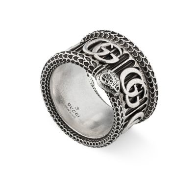 Gucci / GG Marmont / anello fascia larga con Doppia G e motivo serpente / argento 