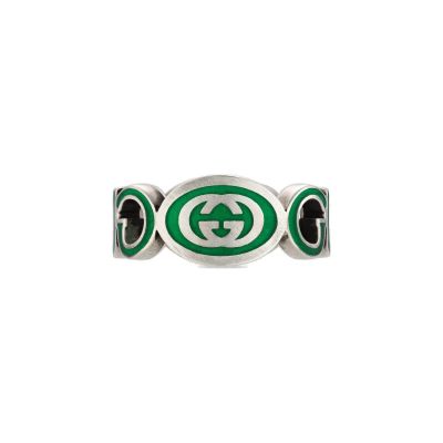 Gucci / Interlocking / anello con incrocio GG / argento e smalto verde