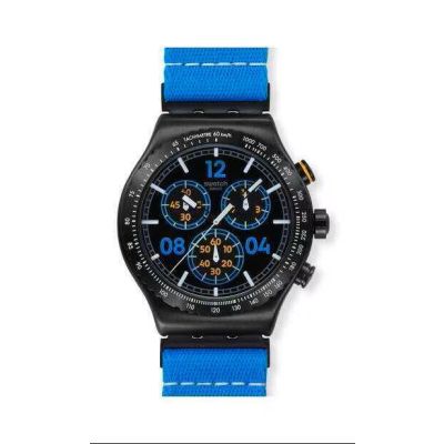 Swatch / Irony Chrono / Moments in Blue / orologio unisex / quadrante nero / cassa acciaio / cinturino in tessuto