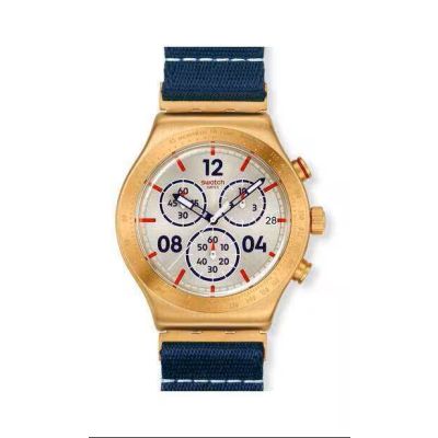 Swatch / Irony Chrono / Capitain's Dream / orologio unisex / quadrante beige / cassa acciaio PVD dorato / cinturino in tessuto