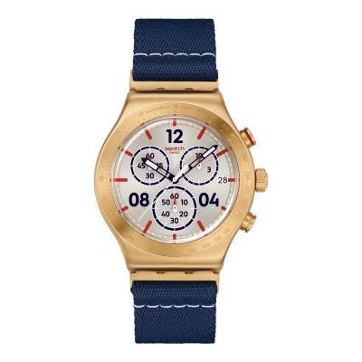 Swatch / Irony Chrono / Capitain's Dream / orologio unisex / quadrante beige / cassa acciaio PVD dorato / cinturino in tessuto