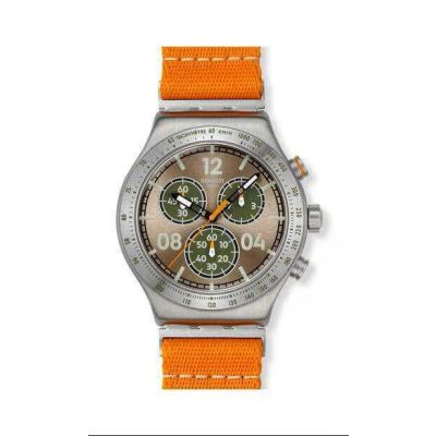 Swatch / Irony Chrono / Vacation Time / orologio unisex / quadrante marrone / cassa acciaio / cinturino in tessuto