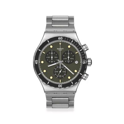 Swatch / New Irony Chrono / Back in Khaki / orologio unisex / quadrante verde / cassa e bracciale acciaio