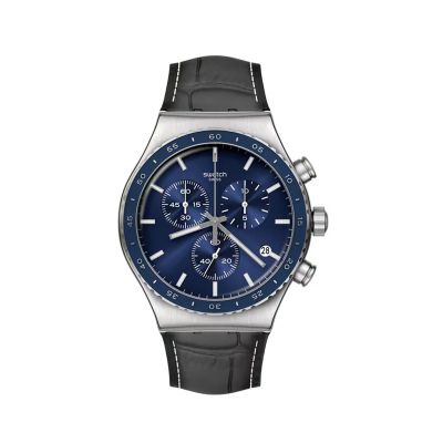 Swatch / Irony Chrono / Cobalt Lagoon / orologio unisex / quadrante blu / cassa acciaio / cinturino cuoio