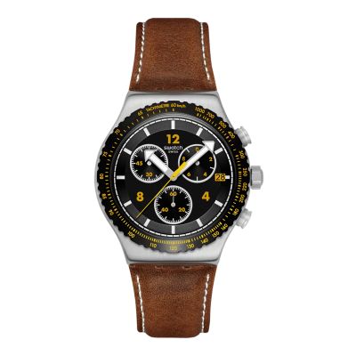 Swatch Canyon Chaser / Irony Chrono / orologio unisex / quadrante nero / cassa acciaio / cinturino cuoio