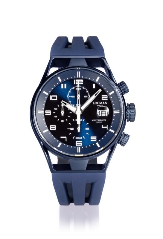 Locman Montecristo Chrono orologio uomo quadrante blu cassa acciaio e titanio PVD blu cinturino silicone blu