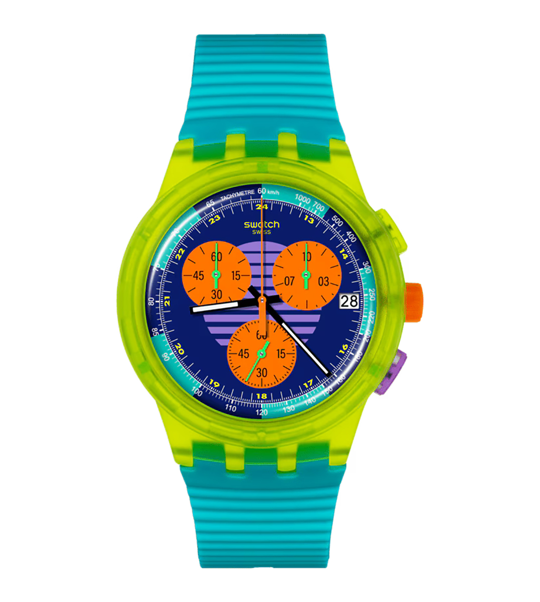 Swatch Neon Wave New Chrono orologio unisex quadrante viola cassa plastica cinturino silicone